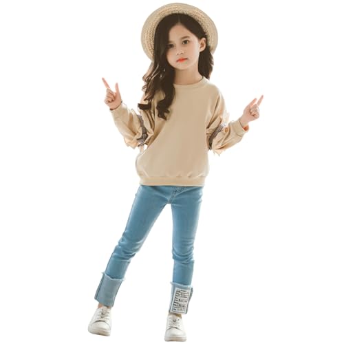 Amur Leopard Mädchen Trainingsanzug Kinder Jogginganzug Sportanzug 2tlg Sweatshirt + Jeans Frühling und Herbst Sport-Set, Beige, 134-140 (Etikettengröße: 140) von Amur Leopard