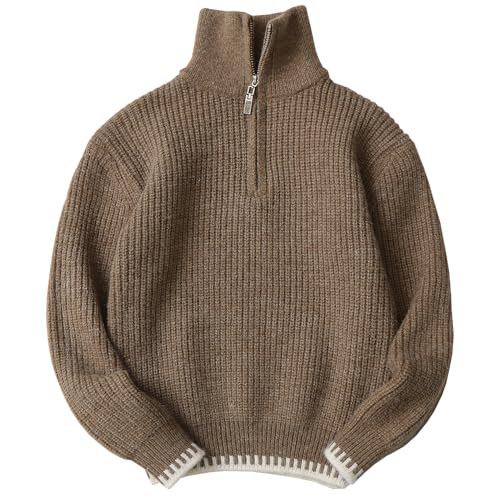 Amur Leopard Rollkragenpullover Kinder Jungen Pullover mit Halber Reißverschluss Warme Langarm Strickpullover für Herbst Winter, Kamelfarbe, 164 (Etikettengröße: 170) von Amur Leopard