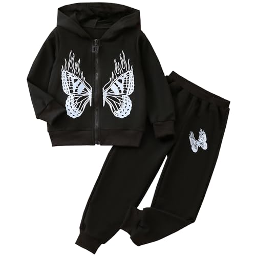 Amur Leopard Trainingsanzug Kinder Mädchen Jogginganzug 2tlg Sweatshirt mit Kapuze + Sporthose Sportanzug mit Schmetterlingsprint, Schwarz A, 104-110 (Etikettengröße: 110) von Amur Leopard