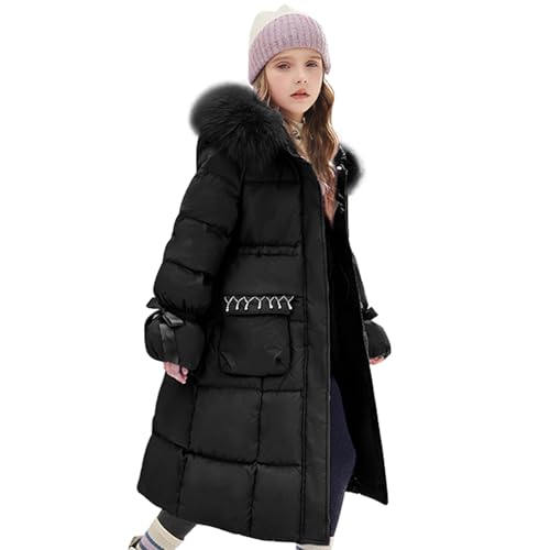 Amur Leopard Winterjacke Mädchen Lange Daunengefüllter Baumwollmantel mit Kapuze Einfarbier Wintermantel, Schwarz, 152-158 (Etikettengröße: 160) von Amur Leopard