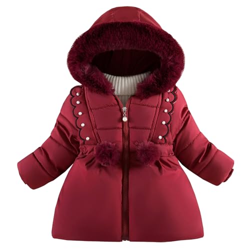 Amur Leopard Wintermantel Baby Mädchen mit Kapuze Steppjacke mit Plüsch Warm Verdickte Baumwollmantel Mittellange Winterjacke, Rot A, 86 (Etikettengröße: 90/L) von Amur Leopard