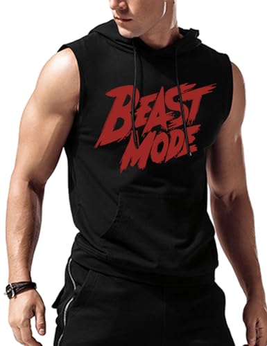 Amussiar Herren-Tanktop mit Kapuze, ärmellos, Bodybuilding, Muskelabschnitt, T-Shirt, Schwarz-Rot-Bieast-Modus, L von Amussiar