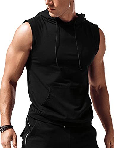 Amussiar Herren Workout Hooded Tank Tops Sleeveless Gym Training Hoodies Bodybuilding Muscle Cut Off T-Shirt, Schwarz, X-Groß von Amussiar