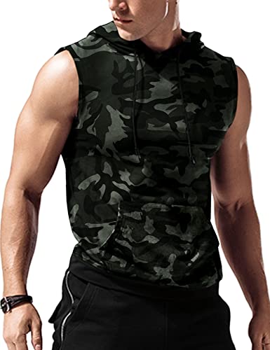 Amussiar Herren Workout Hooded Tank Tops Sleeveless Gym Training Hoodies Bodybuilding Muscle Cut Off T-Shirt, Schwarz-Camouflage, Klein von Amussiar