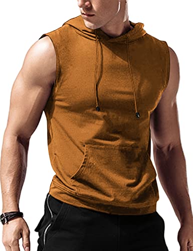 Amussiar Herren Workout Kapuze Tank Tops Ärmellos Fitnessstudio Training Hoodies Bodybuilding Muskelabschnitt T-Shirt, Braun, L von Amussiar