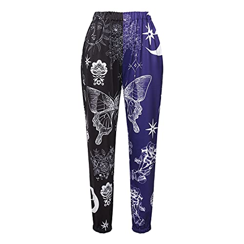 Amuver Damen Boho Hippie Haremshose Hohe Gesmokte Taille Gedruckt Patchwork Sweatpants Yoga 90S Goth Baggy Freizeithose, Blau, Groß von Amuver