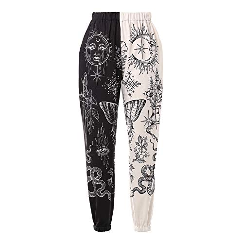 Amuver Damen Boho Hippie Haremshose Hohe gesmokte Taille Bedruckte Patchwork Sweatpants Yoga 90er Jahre Gothic Baggy Freizeithose, Weiß/Schwarz, Groß von Amuver