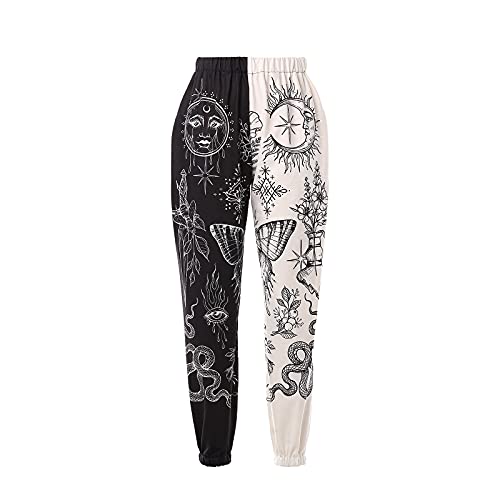 Amuver Damen Boho Hippie Haremshose Hohe gesmokte Taille Bedruckte Patchwork Sweatpants Yoga 90er Jahre Gothic Baggy Freizeithose, Weiß/Schwarz, S von Amuver