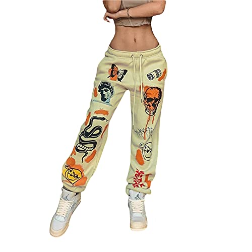 Amuver Damen Boho Hippie Haremshose Hohe gesmokte Taille Gedruckt Patchwork Sweatpants Yoga 90s Goth Baggy Freizeithose, Gelb, Mittel von Amuver