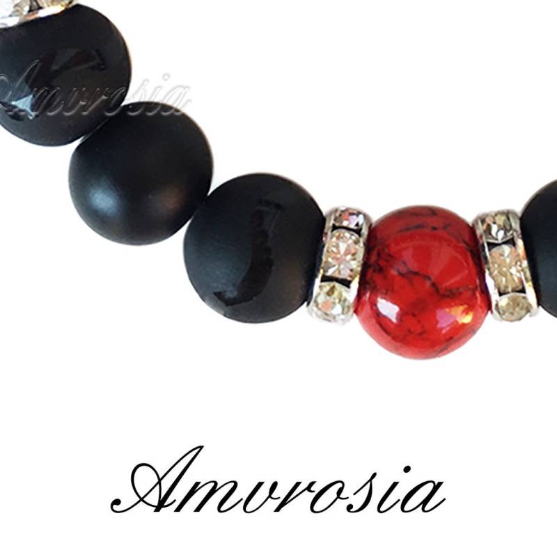 10 Mm Perlen Edelstein Armband - Schwarzes Onyx Rotes Howlith Geschenk Für Sie Rote von AmvrosiaDesign