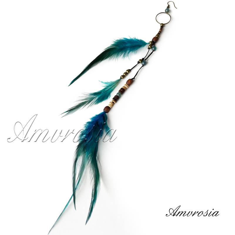 Feder Ohrring - Extra Lang Blau Boho Holz Kokosnuss Native Style Hippie Schmuck Perlen von AmvrosiaDesign