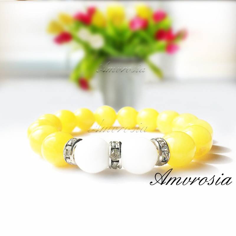 Jadeit Armband, Onyx Armband Weiß, Edelstein Chakra Energie Gelb Valentinstag von AmvrosiaDesign