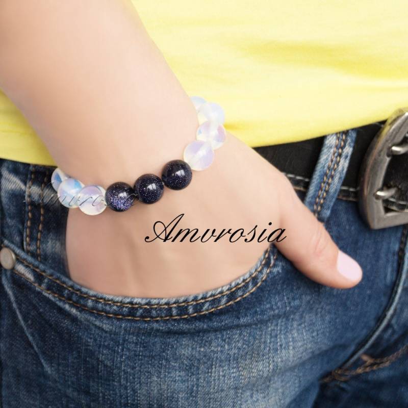 Mondstein Und Sonnenstein Armband, Edelstein Armband Blauer Aventurin, Energie Valentinstag von AmvrosiaDesign