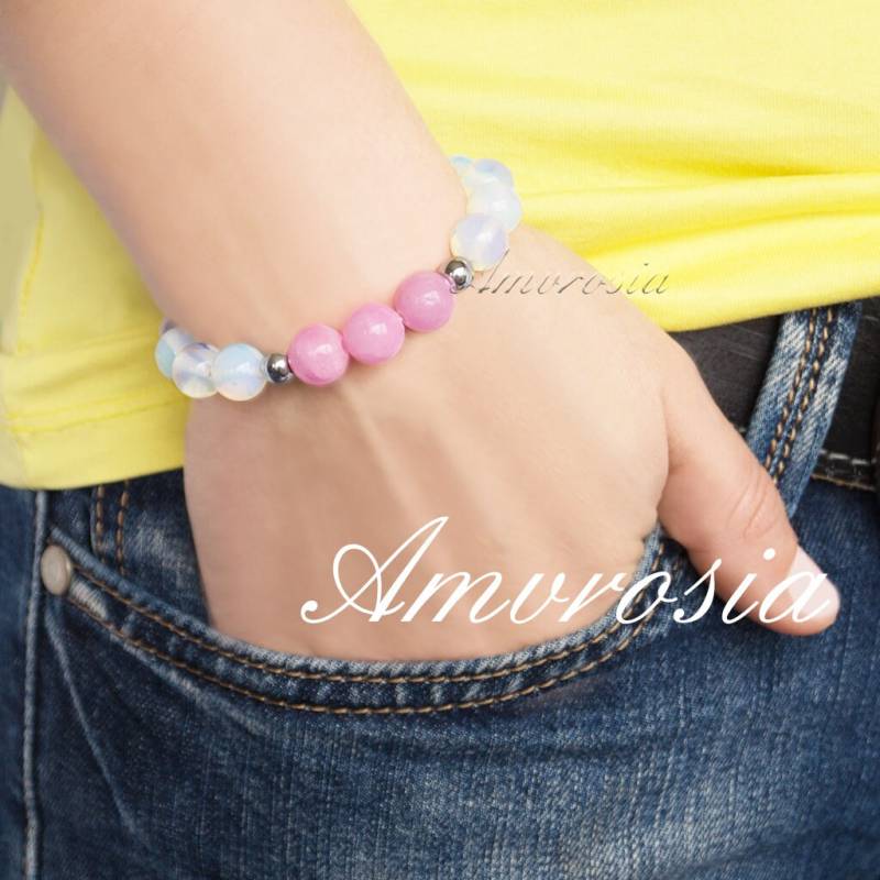 Rosa Jadeit Und Mondstein Armband, Edelstein Energie Kristall Sommer Geschenk Für Sie, Muttertag, Valentinstag von AmvrosiaDesign