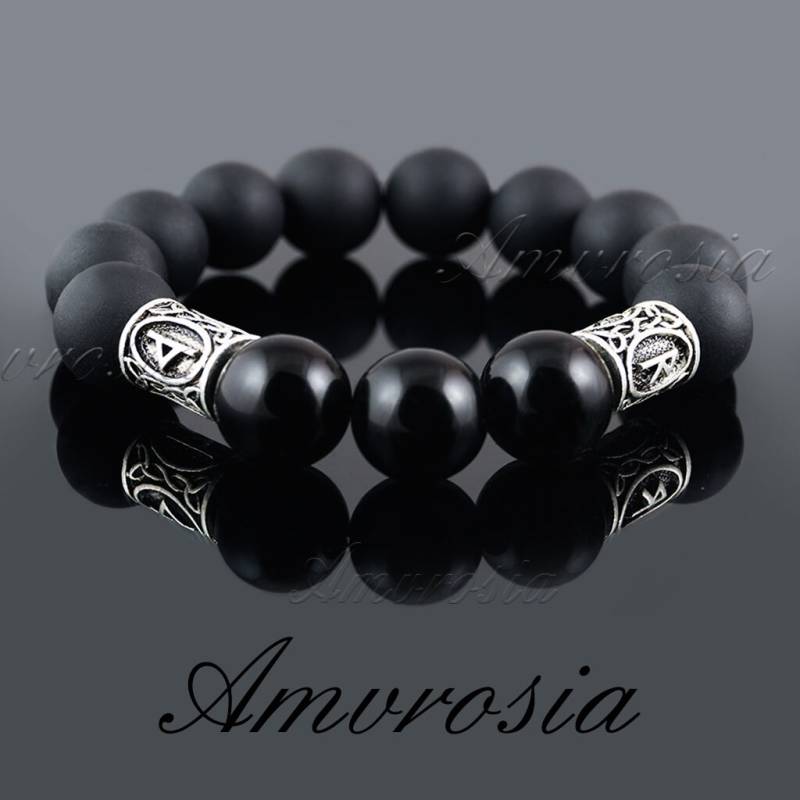 Schwarzer Onyx Armband, Armband Aus Schwarzem Onyx, Futhark Runen Wikinger Energie Edelstein Geschenk Für Ihn von AmvrosiaDesign