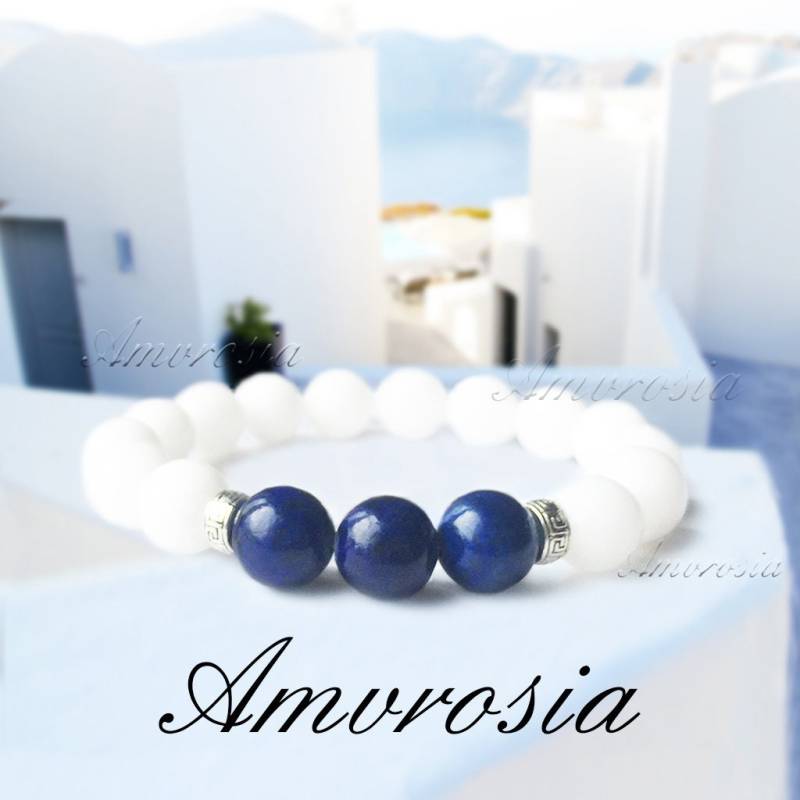 Weißes Onyx Armband - Lapis Lazuli Stein Reihenstein Schutz Balance Valentin von AmvrosiaDesign