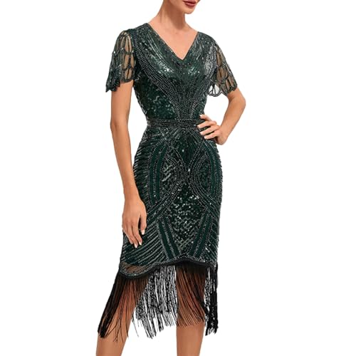 Amxleh 1920s Kleid Damen Kurz Fransen Ärmel Rund Ausschnitt Flapper Kleid 20er Jahre Paillettenkleider Great Gatsby Cocktail Party Damen Fasching Kostüm Kleid von Amxleh