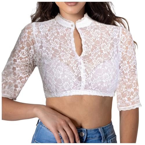 Amxleh Damen Dirndl Bluse Schwarz Dirndlbluse Spitze Trachtenbluse Hochgeschlossen Kurzarm Blumen Bluse Schwarz Elegante Halbarm Bluse Oktoberfest Kostüm Elegant Dirndlblusen Spitzenbluse Damen von Amxleh