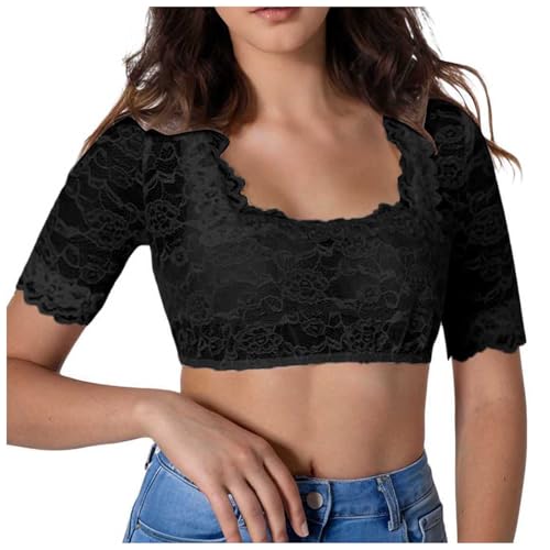 Amxleh Damen Dirndl Bluse Schwarz Dirndlbluse Spitze Trachtenbluse Hochgeschlossen Kurzarm Blumen Bluse Schwarz Elegante Halbarm Bluse Oktoberfest Kostüm Elegant Dirndlblusen Spitzenbluse Damen von Amxleh