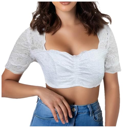 Amxleh Damen Dirndl Bluse Schwarz Dirndlbluse Spitze Trachtenbluse Hochgeschlossen Kurzarm Blumen Bluse Schwarz Elegante Halbarm Bluse Oktoberfest Kostüm Elegant Dirndlblusen Spitzenbluse Damen von Amxleh