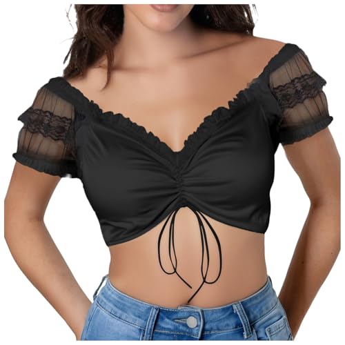 Amxleh Damen Dirndl Bluse Schwarz Dirndlbluse Spitze Trachtenbluse Hochgeschlossen Kurzarm Blumen Bluse Schwarz Elegante Halbarm Bluse Oktoberfest Kostüm Elegant Dirndlblusen Spitzenbluse Damen von Amxleh
