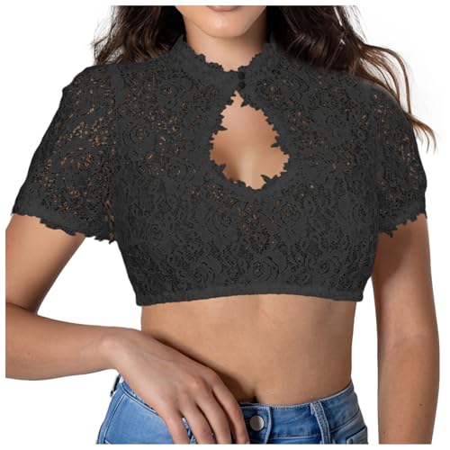 Amxleh Damen Dirndl Bluse Schwarz Dirndlbluse Spitze Trachtenbluse Hochgeschlossen Kurzarm Blumen Bluse Schwarz Elegante Halbarm Bluse Oktoberfest Kostüm Elegant Dirndlblusen Spitzenbluse Damen von Amxleh
