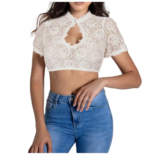 Amxleh Damen Dirndl Bluse Schwarz Dirndlbluse Spitze Trachtenbluse Hochgeschlossen Kurzarm Blumen Bluse Schwarz Elegante Halbarm Bluse Oktoberfest Kostüm Elegant Dirndlblusen Spitzenbluse Damen von Amxleh