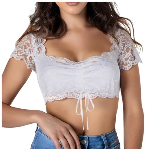 Amxleh Damen Dirndl Bluse Weiß Blumen Dirndlblusen Spitze Trachtenbluset Kurzarm Spitze Tracht Bluse Elegante Halbarm Bluse Oktoberfest Kostüm Elegant Dirndlblusen Spitzenbluse Damen von Amxleh