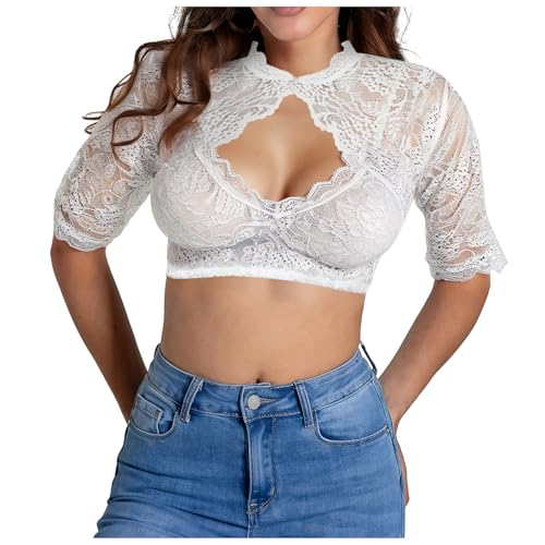 Amxleh Damen Dirndl Bluse Weiß Blumen Dirndlblusen Spitze Trachtenbluset Kurzarm Spitze Tracht Bluse Elegante Halbarm Bluse Oktoberfest Kostüm Elegant Dirndlblusen Spitzenbluse Damen von Amxleh