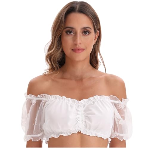 Amxleh Damen Dirndl Bluse Weiß Blumen Dirndlblusen Spitze Trachtenbluset Kurzarm Spitze Tracht Bluse Elegante Halbarm Bluse Oktoberfest Kostüm Elegant Dirndlblusen Spitzenbluse Damen von Amxleh