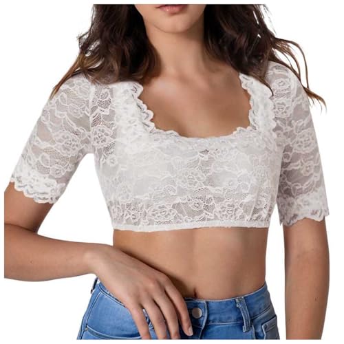 Amxleh Damen Dirndl Bluse Weiß Blumen Dirndlblusen Spitze Trachtenbluset Kurzarm Spitze Tracht Bluse Elegante Halbarm Bluse Oktoberfest Kostüm Elegant Dirndlblusen Spitzenbluse Damen von Amxleh