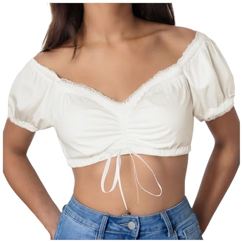 Amxleh Damen Dirndl Bluse Weiß Blumen Dirndlblusen Spitze Trachtenbluset Kurzarm Spitze Tracht Bluse Elegante Halbarm Bluse Oktoberfest Kostüm Elegant Dirndlblusen Spitzenbluse Damen von Amxleh