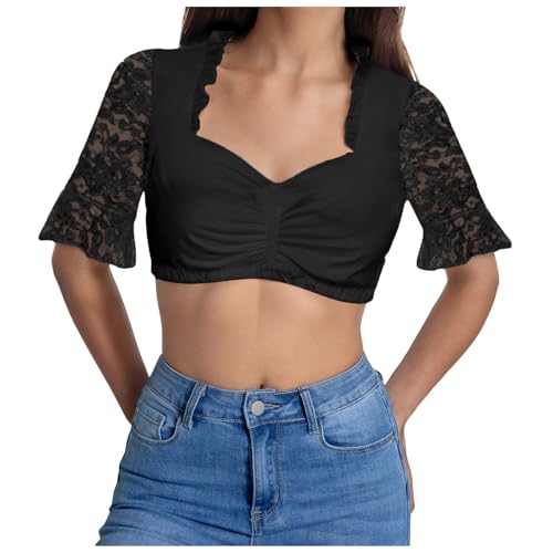 Amxleh Damen Dirndl Bluse Weiß Blumen Dirndlblusen Spitze Trachtenbluset Kurzarm Spitze Tracht Bluse Elegante Halbarm Bluse Oktoberfest Kostüm Elegant Dirndlblusen Spitzenbluse Damen von Amxleh
