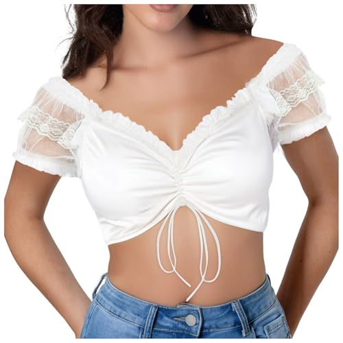 Amxleh Damen Dirndl Bluse Weiß Blumen Dirndlblusen Spitze Trachtenbluset Kurzarm Spitze Tracht Bluse Elegante Halbarm Bluse Oktoberfest Kostüm Elegant Dirndlblusen Spitzenbluse Damen von Amxleh