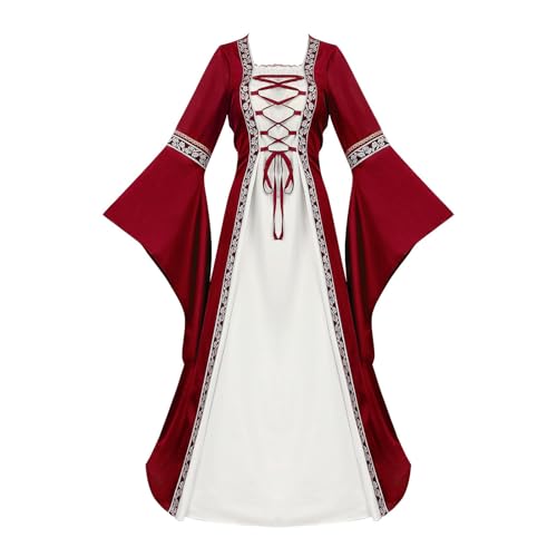 Amxleh Damen Mittelalterliche Kleid mit Trompetenärmel Mittelalter Party Kostüm Maxikleid Renaissance Kleid Viktorianischen Königin Kleider Renaissance Gotisch Maxikleid Karneval Party Prinzessinkleid von Amxleh