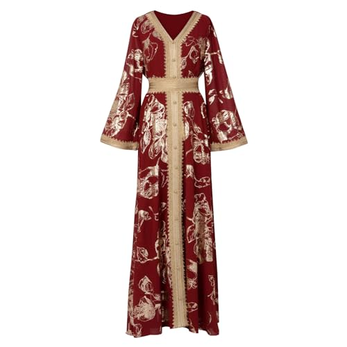 Amxleh Damen Muslimische Kleid V-Ausschnitt Blumen Stickerei Lang Abendkleid Elegant Kaftan Traditioneller Gebetskleidung Outfit Arabisch Gebetskleid Heißgeprägtes, Modisches, Langärmeliges Kleider von Amxleh