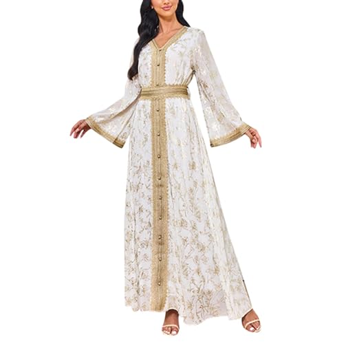 Amxleh Damen Muslimische Kleid V-Ausschnitt Blumen Stickerei Lang Abendkleid Elegant Kaftan Traditioneller Gebetskleidung Outfit Arabisch Gebetskleid Heißgeprägtes, Modisches, Langärmeliges Kleider von Amxleh