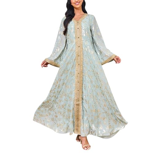 Amxleh Damen Muslimische Kleid V-Ausschnitt Blumen Stickerei Lang Abendkleid Elegant Kaftan Traditioneller Gebetskleidung Outfit Arabisch Gebetskleid Heißgeprägtes, Modisches, Langärmeliges Kleider von Amxleh