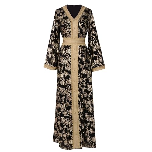 Amxleh Damen Muslimische Kleid V-Ausschnitt Blumen Stickerei Lang Abendkleid Elegant Kaftan Traditioneller Gebetskleidung Outfit Arabisch Gebetskleid Heißgeprägtes, Modisches, Langärmeliges Kleider von Amxleh