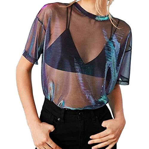 Amxleh Damen Oberteile Sommer Basic Mesh Top Halbarm Rundhals T-Shirt Transparentes Oberteil Damen, Kurzen Tüll Bluse, Slim Fit Ärmeln Casual Tops Sheer, Netz Bikini Cover Up für Club Party von Amxleh