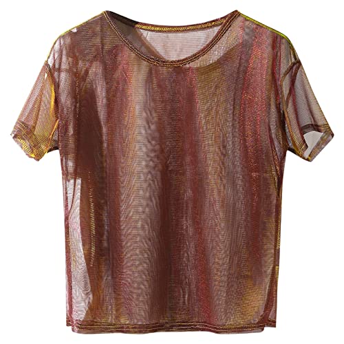 Amxleh Damen Oberteile Sommer Basic Mesh Top Halbarm Rundhals T-Shirt Transparentes Oberteil Damen, Kurzen Tüll Bluse, Slim Fit Ärmeln Casual Tops Sheer, Netz Bikini Cover Up für Club Party von Amxleh
