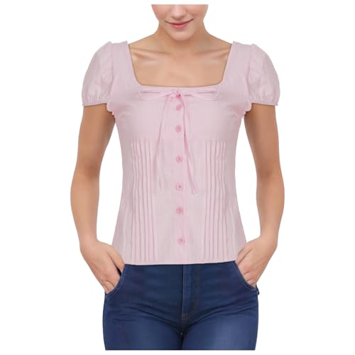 Amxleh Dirndl Bluse Damen Flügelärmel Trachtenbluse Rosa Kurzarm Blusen V Ausschnitt Stehkragen Trachten Oberteil für Oktoberfest Exklusive mit V-Ausschnitt und Hohlem Design Spitze Elegante von Amxleh