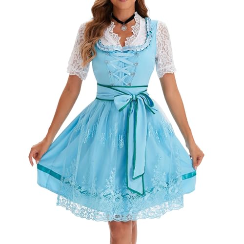 Amxleh Dirndl Damen Midi Trachtenkleid Trachtenmode Trachtenrock Kleid Vintage Dirndlschürze Himmelblau Dirndlkleid für Mädchen Karneval Oktoberfest Outfit Elegant Spitzenschürze Grosse Grössen von Amxleh
