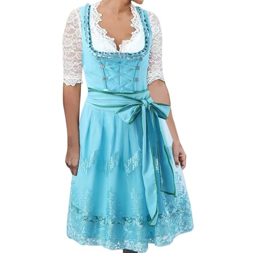 Amxleh Dirndl Damen Midi Trachtenkleid Trachtenmode Trachtenrock Kleid Vintage Dirndlschürze Himmelblau Dirndlkleid für Mädchen Karneval Oktoberfest Outfit Elegant Spitzenschürze Grosse Grössen von Amxleh