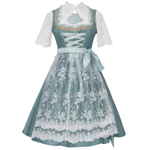 Amxleh Dirndl Damen Midi Trachtenkleid Trachtenmode Trachtenrock Kleid inkl. Dirndlbluse Dirndlschürze 3 teilig für Oktoberfest Besondere Anlässe Grün/Grau/Rosa Dirndl für Damen enthält Bluse von Amxleh