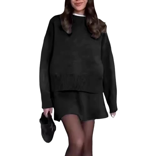 Amxleh Gestrickter Pullover Zweiteiliger Anzug Damen Langarm Pullover Gestrickter Rock Zweiteiliges Set Weibliche Strickpullover Outfits Vielseitiger Anzug aus Pullover und Rock im College-Stil von Amxleh
