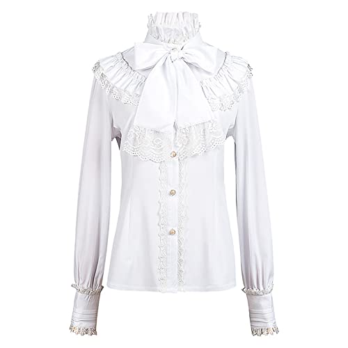 Amxleh Gothic Bluse Damen, Mittelalter Kleidung Damen Viktorianisch Rüschenbluse Langarm Vintage Schleifenhemd Stehkragen Rüschen Blusen Damen Karneval Steampunk Top mit Plissierter Cosplay Kostüm von Amxleh
