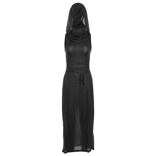 Amxleh Gothic Kleid Damen Renaissance Ärmelloses mit Kapuze von Dune Outfits, Schmales Hohem Schlitz Halloween Party Cosplay Kostüm Mittelalterlicher Kleidung Schwarz von Amxleh