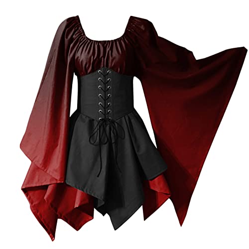 Amxleh Halloween Kostüm Damen,Damen Mittelalter Kleid mit Trompetenärmel Gothic Retro Kleid Renaissance Kleidung Cosplay Kostüm Gebunden Taille Übergröße Kleid Karneval Party Halloween Kleid Damen von Amxleh