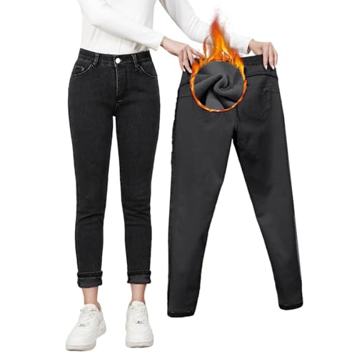 Amxleh Jeanshose Damen Warm Thermo Jeans Damen Weites Bein Fleece Gefütterte Thermohose High Waist Fleecehose Frauen Lang Winterhose Warmer Outdoor Denim Hose Winterleggings Winter-Thermojeans von Amxleh
